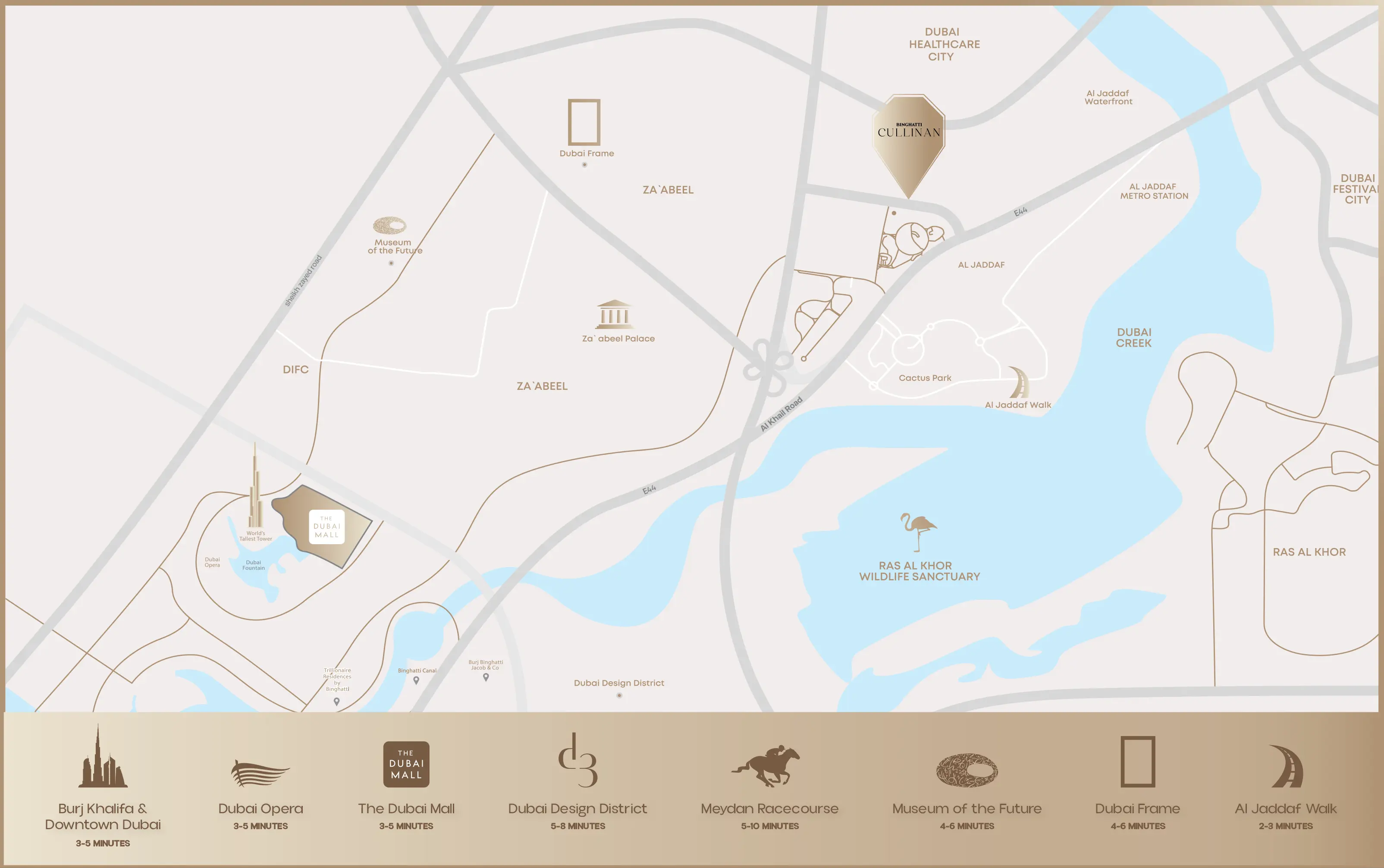 Driving distances to major landmarks near Binghatti Hillcrest